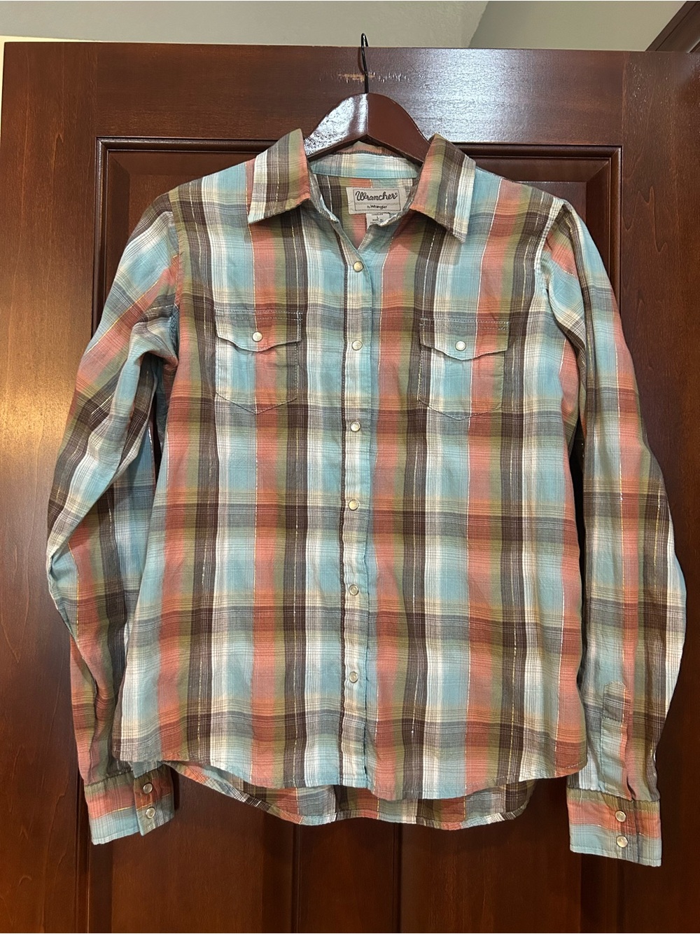 Wrangler Women’s Plaid Western Pearl Snap Shirt Large Metallic